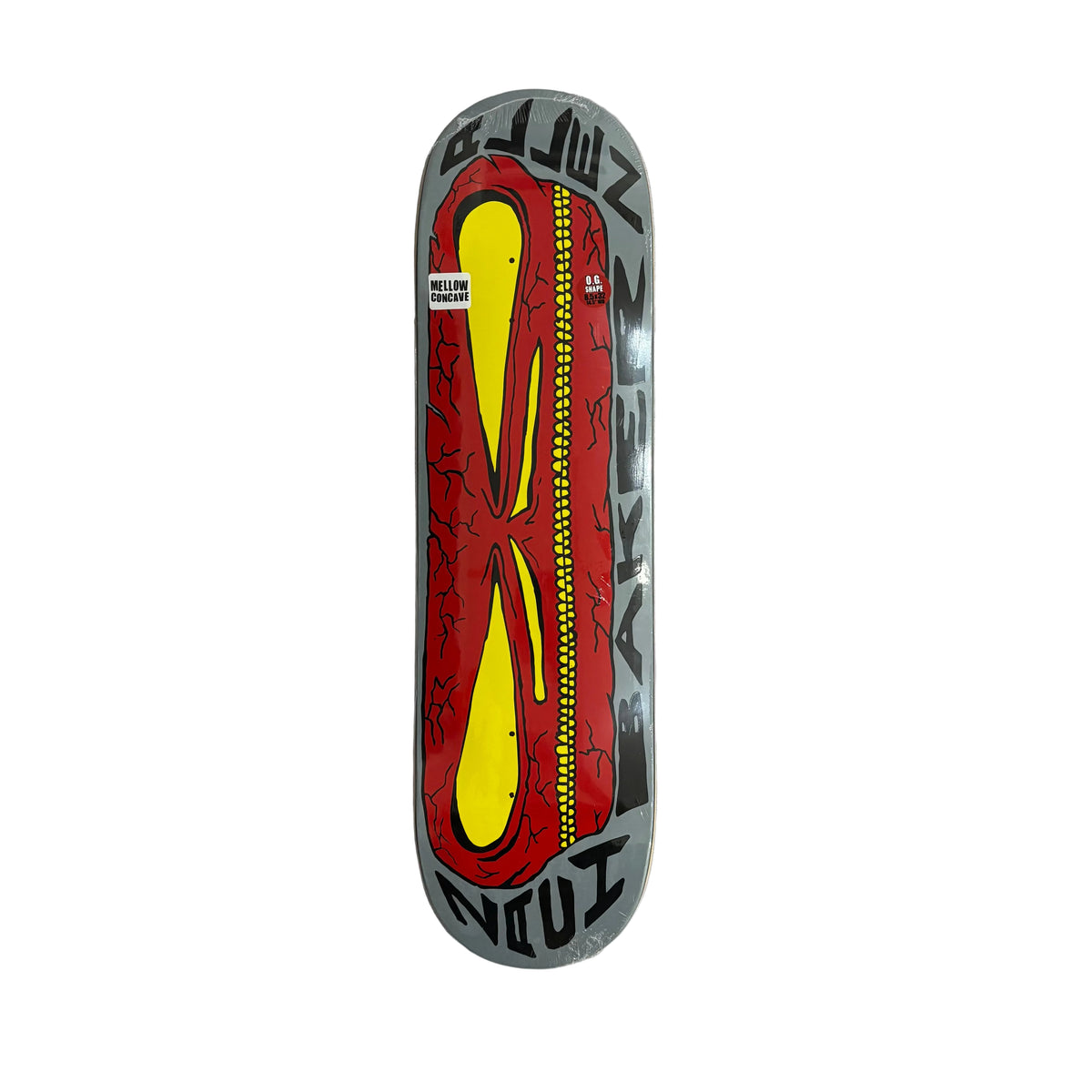 A skateboard deck with a bold graphic design featuring a large red and yellow abstract shape, black graffiti-style text, and a gray border, photographed from above on a white surface.