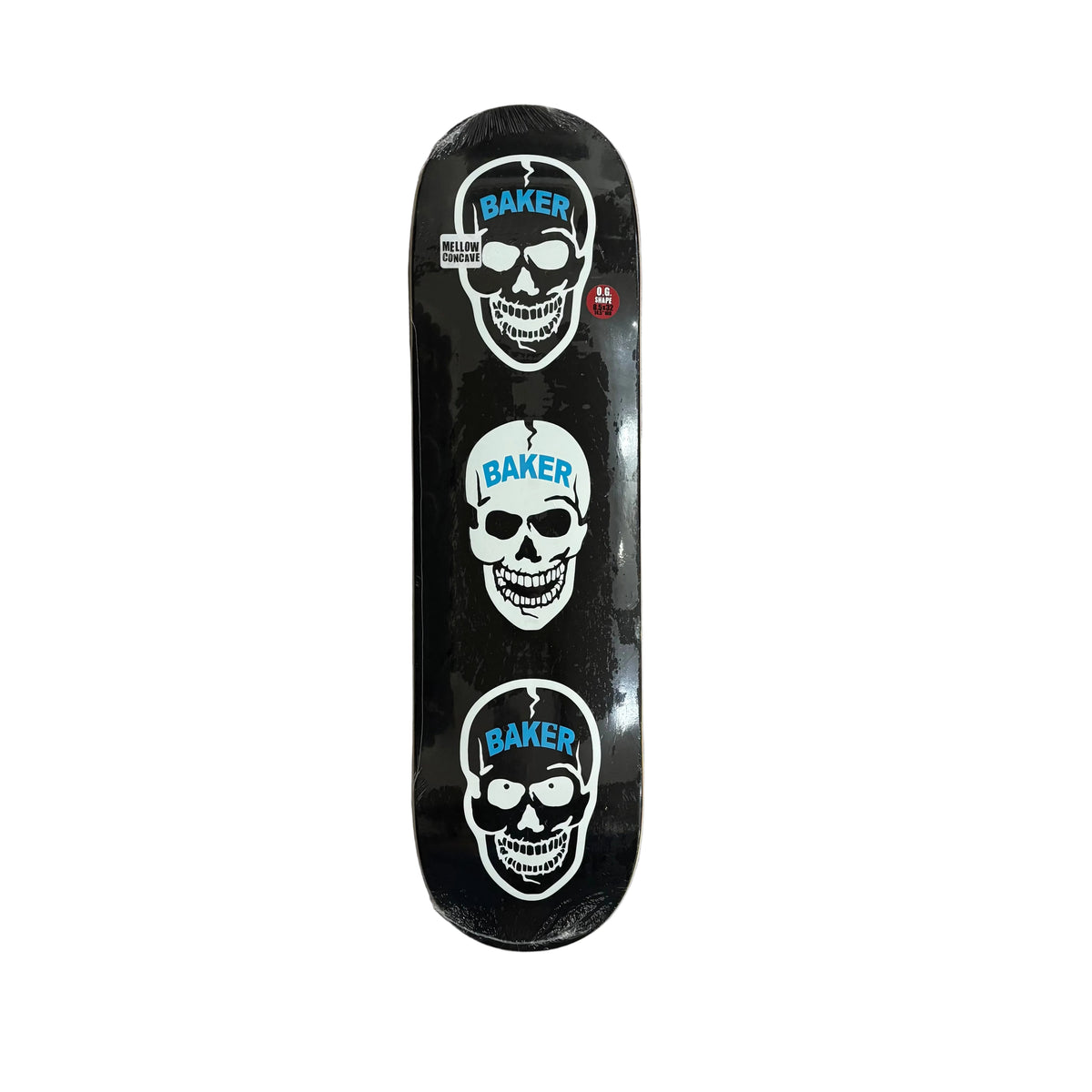 A skateboard deck with a black background and three vertical white skull graphics, each labeled 'BAKER' in blue, photographed from above on a white surface.