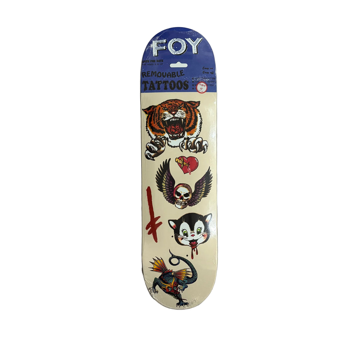 A Foy Removable Tattoos deck featuring classic tattoo-style illustrations of a tiger, skull with wings, heart, cat, dragon, and a red cross on an off-white background, with a blue header card. Displayed on a white background.