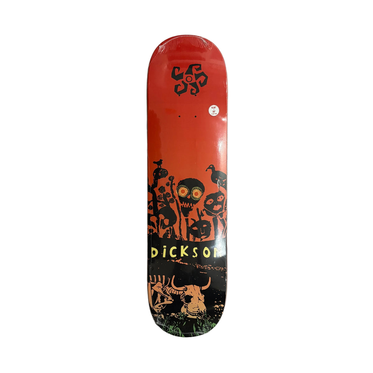 A Dickson skateboard deck with a red and black graphic design featuring skulls, birds, and a bull, displayed vertically on a white background.