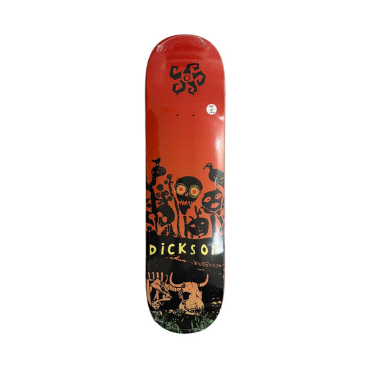 A Dickson skateboard deck with a red and black graphic design featuring skulls, birds, and a bull, displayed vertically on a white background.