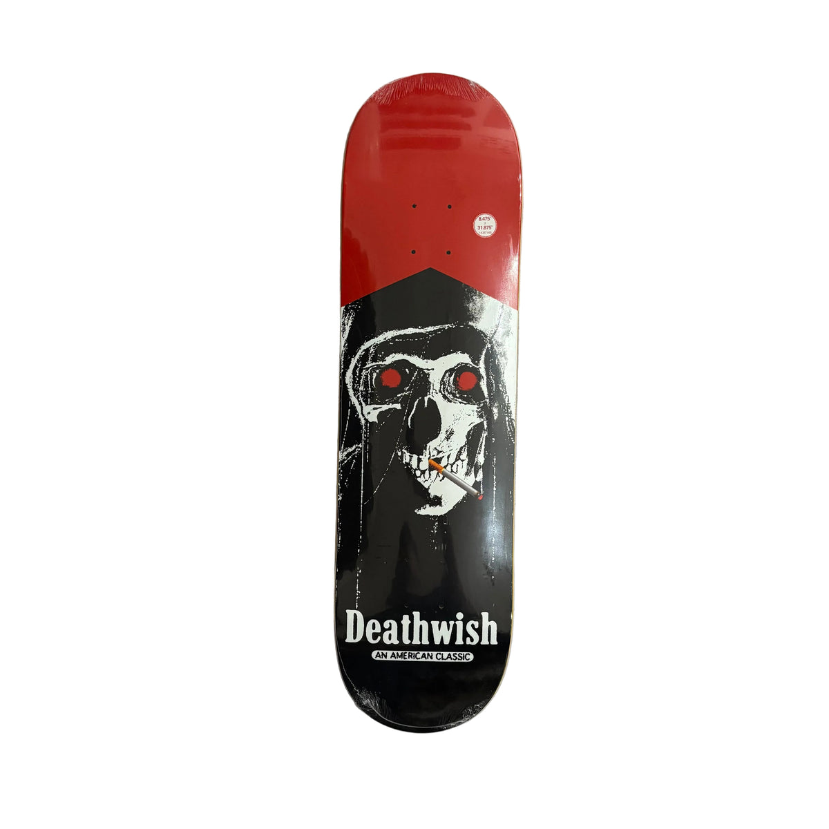 A Deathwish skate deck with a red and black design featuring a skull smoking a cigarette graphic, displayed vertically on a white surface.