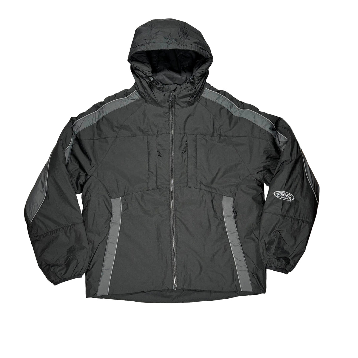 A black hooded, zip up jacket with gray shoulder and side panel accents, laid flat on a white surface.