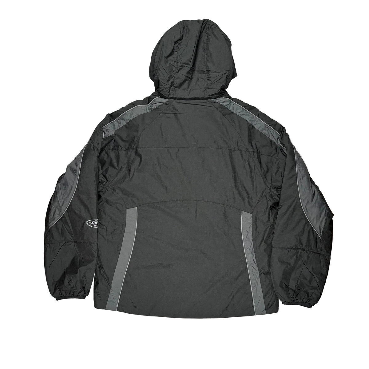 Back view of a  black jacket laid flat on a white surface. The jacket features gray accents.