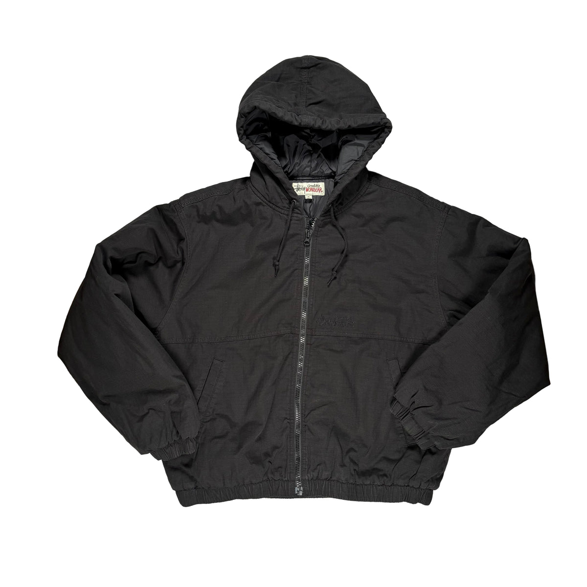 A black hooded zip-up jacket laid flat on a white surface.