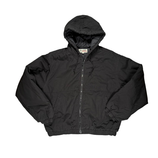 A black hooded zip-up jacket laid flat on a white surface.