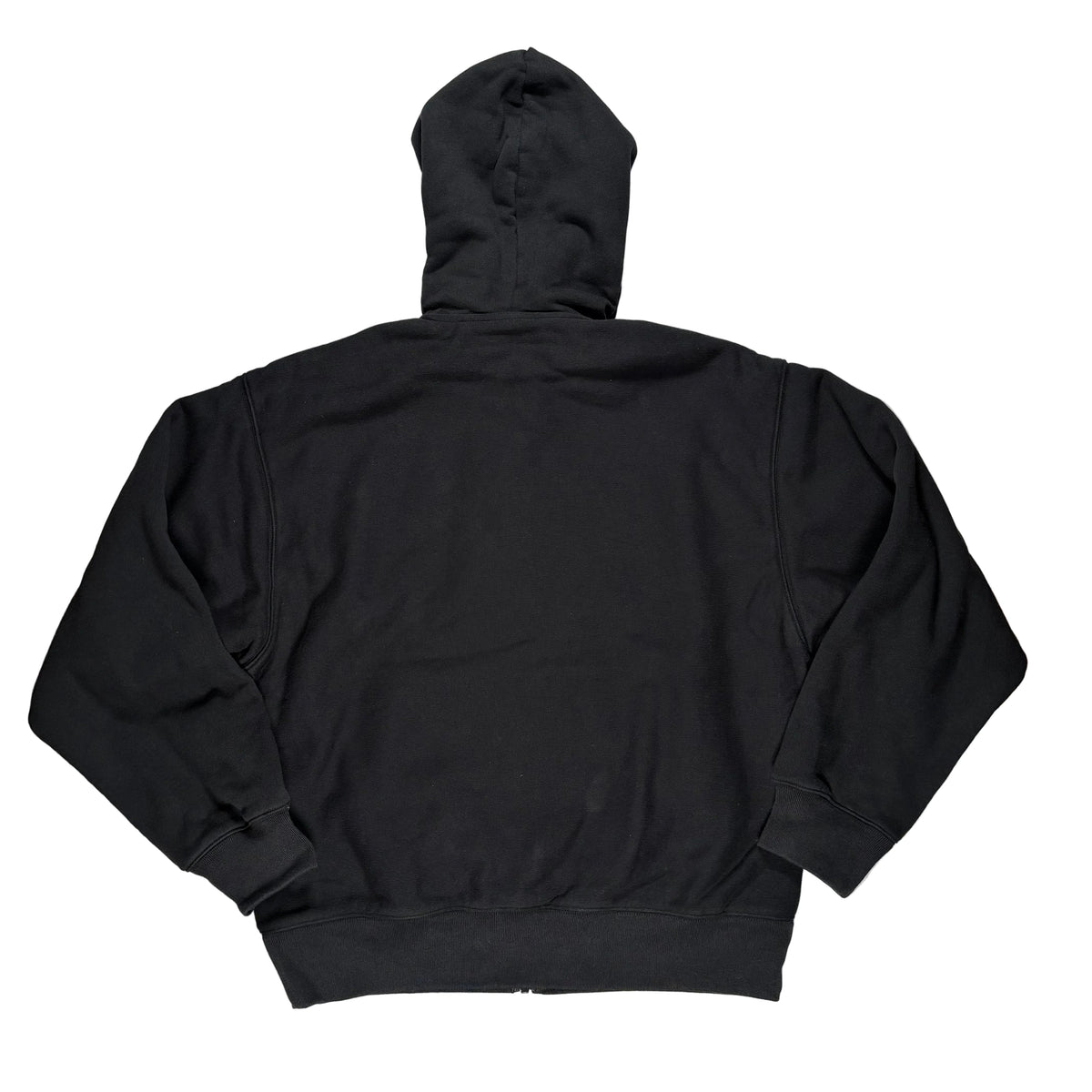 A black hooded sweatshirt shown from the back, laid flat on a white surface.