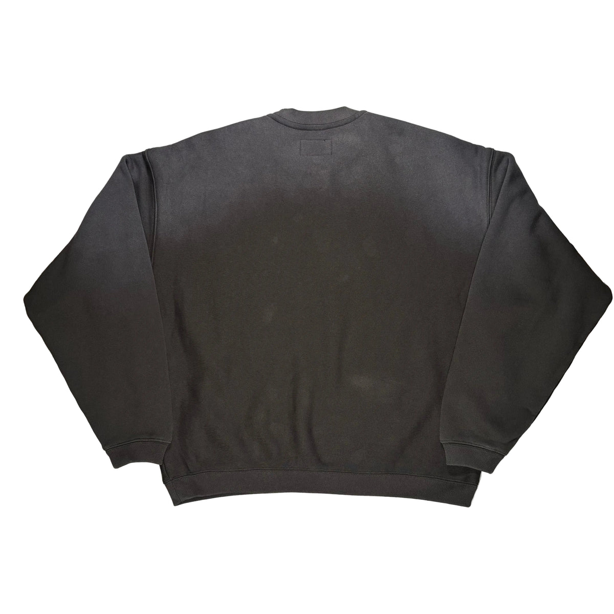 A black ribbed crewneck sweatshirt laid flat on a white surface.