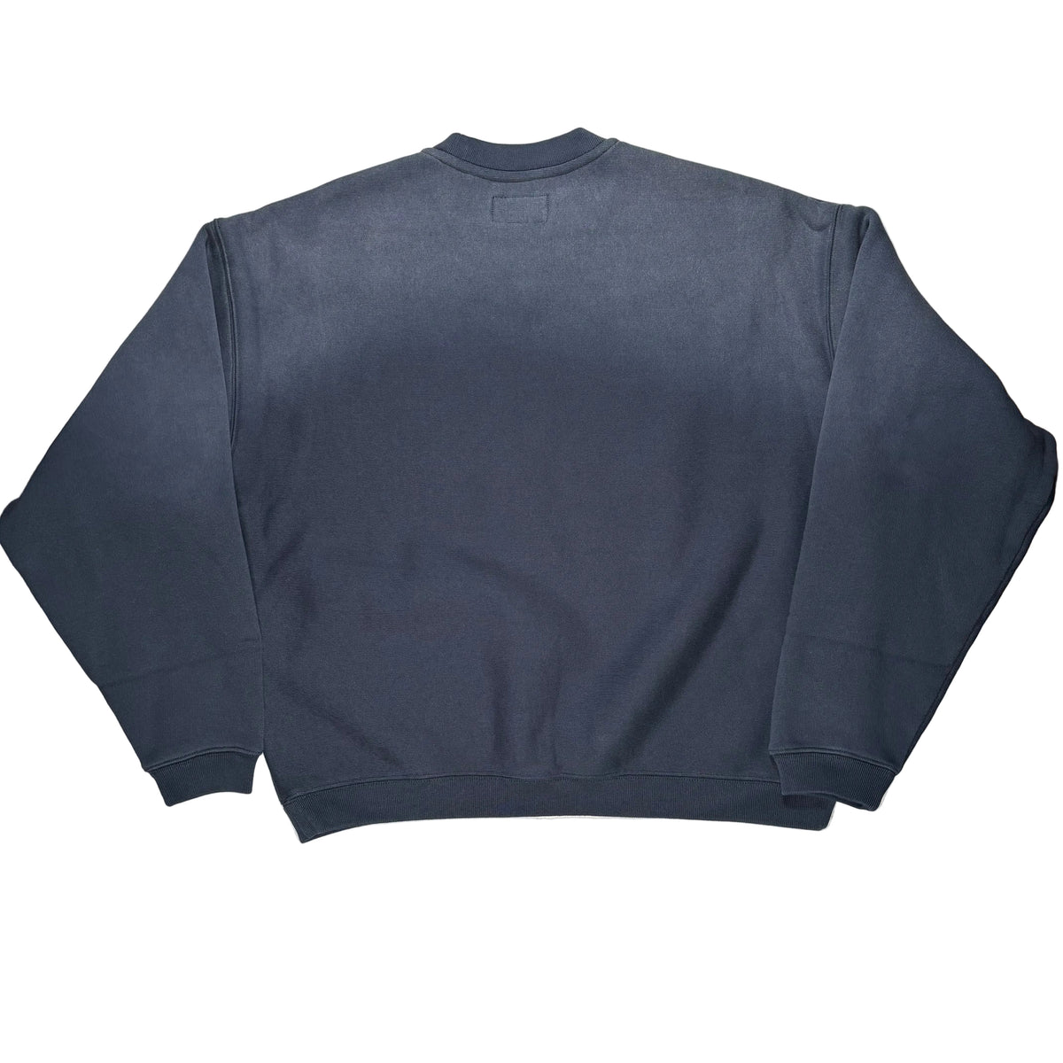 A dark navy blue crewneck sweatshirt laid flat on a white surface.