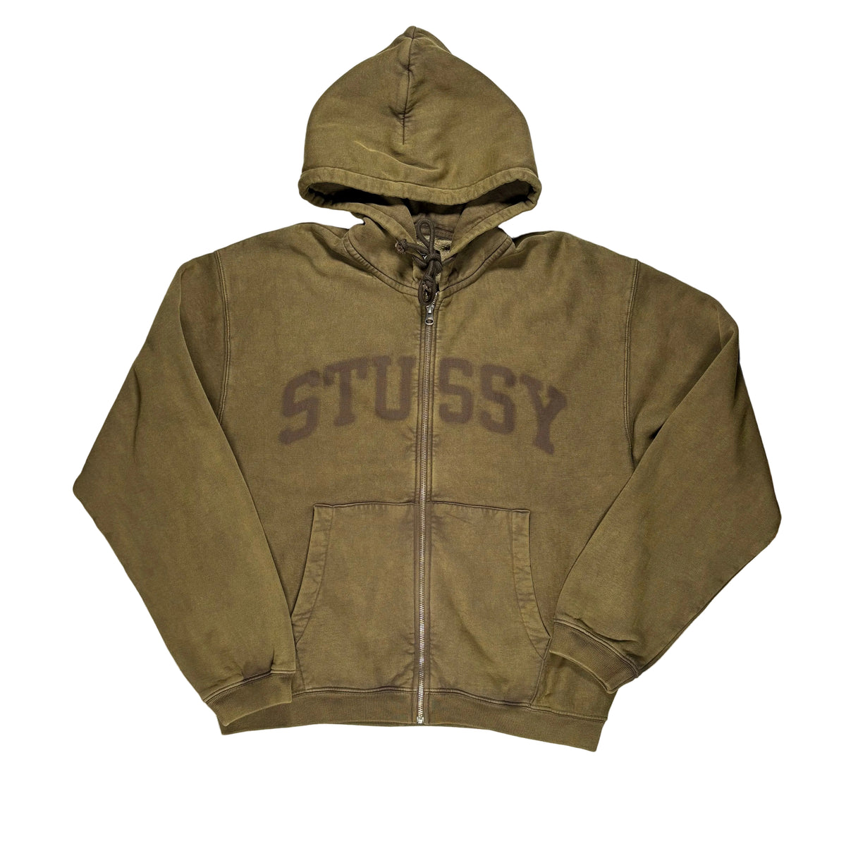 An olive green zip-up hoodie with 'STUSSY' printed in dark brown across the chest, laid flat on a white surface.