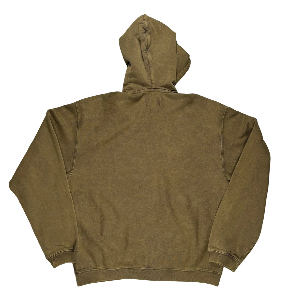 An olive green hooded sweatshirt shown from the back, laid flat on a white surface.