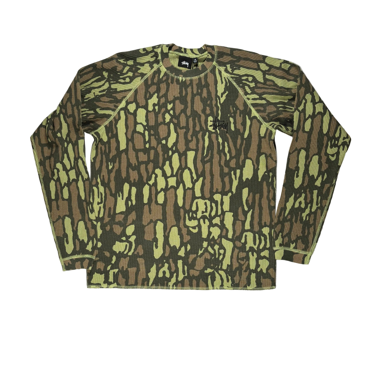 A long-sleeve crewneck shirt with an all-over camouflage pattern in olive green, brown, and black, laid flat on a white surface.