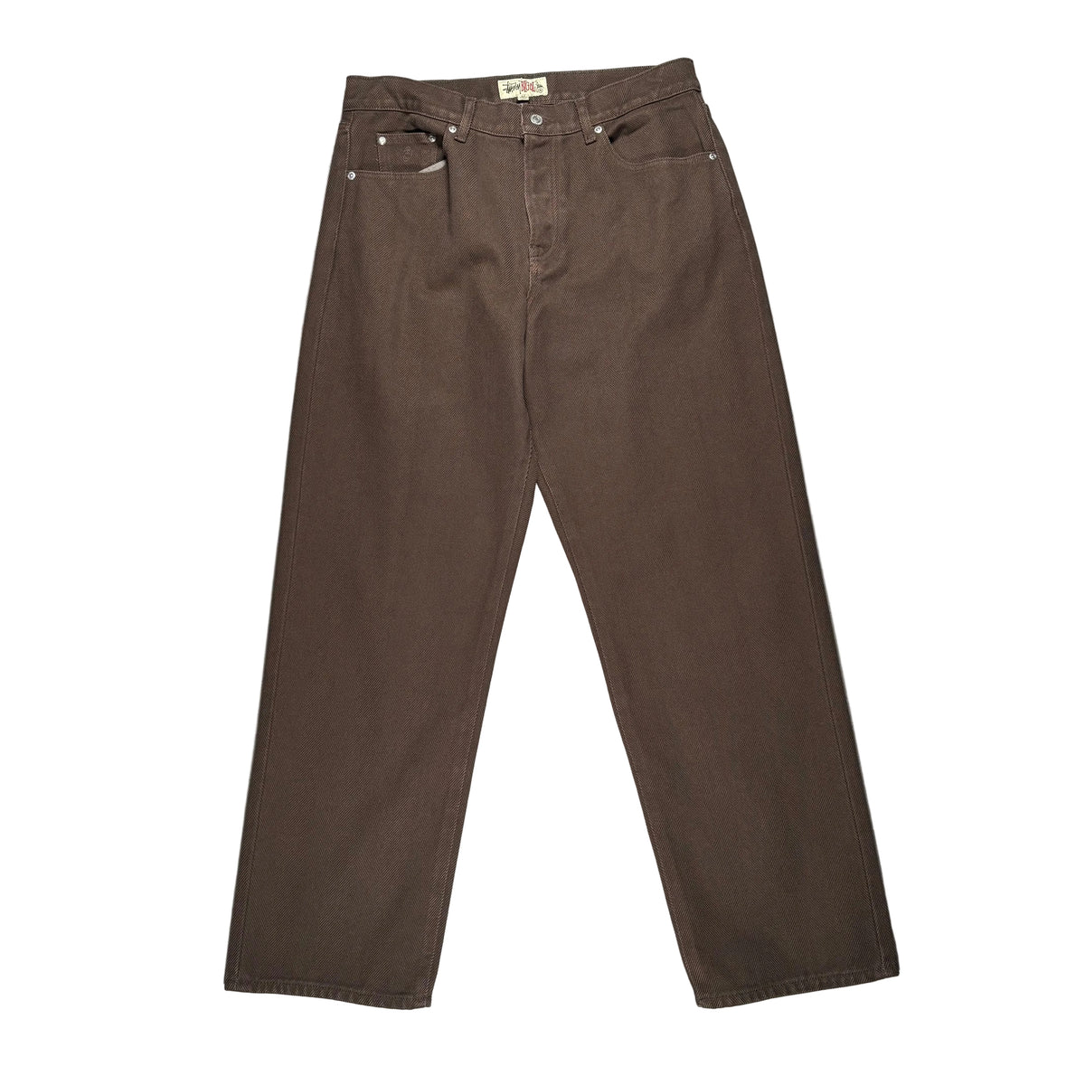 A pair of dark brown straight-leg jeans laid flat on a white surface.