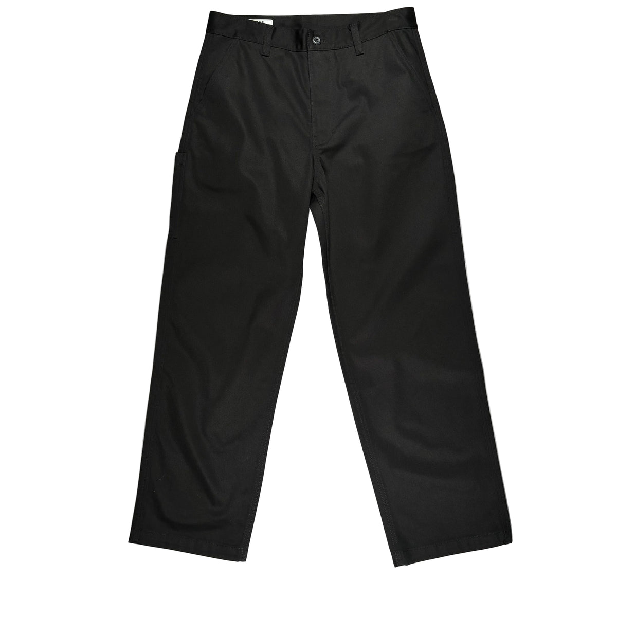 Black trousers laid flat on a white surface.