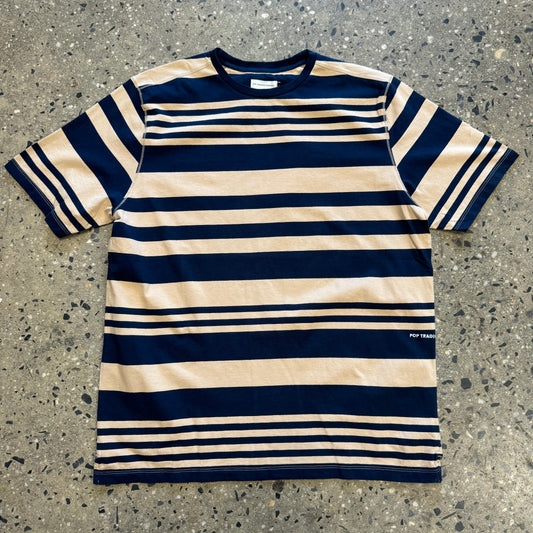 cream and navy blue t shirt with stripes