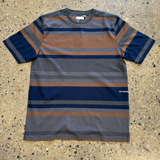 brown, grey and navy blue striped t shirt