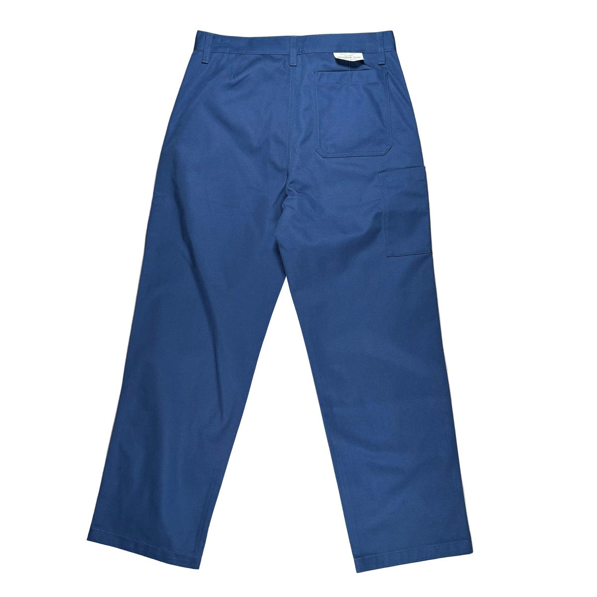 A pair of blue pants displayed on a white surface.