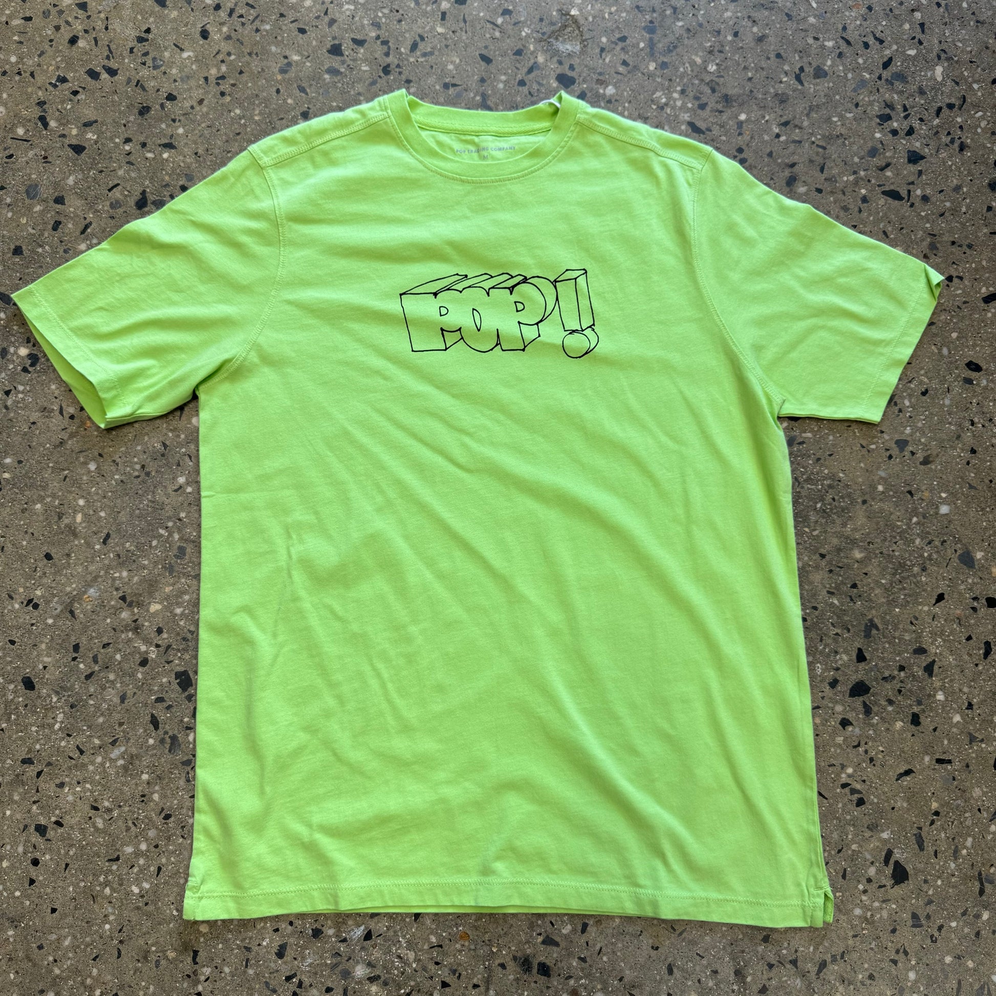 lime green t shirt with "POP!" in black text in the center