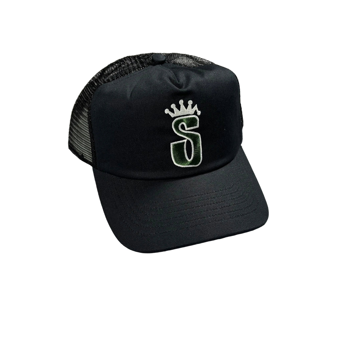 A black trucker hat, featuring a custom embroidered green and white letter 'S' with a crown on the front panel, displayed on a white surface.