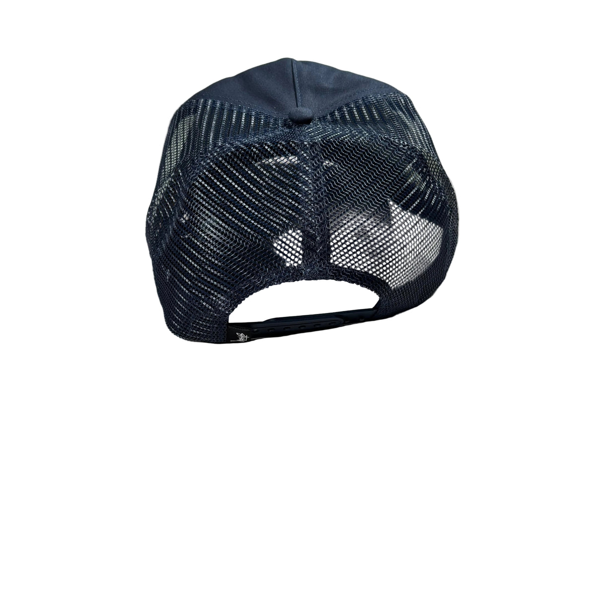 A navy blue trucker-style baseball cap with a mesh back, displayed on a white surface.