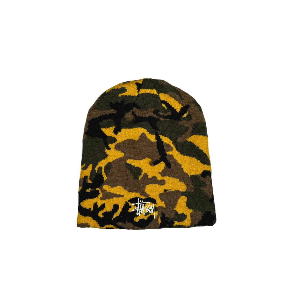 A Stüssy beanie hat featuring a yellow, brown, and black camouflage pattern, displayed flat against a white background.