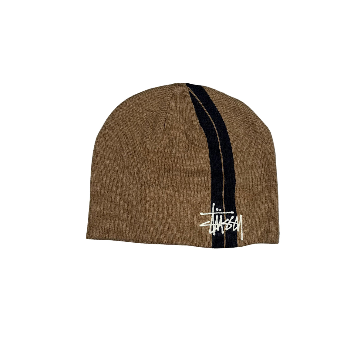 A Stüssy beanie in khaki with a vertical dark brown stripe and a white embroidered Stüssy logo on the front, displayed on a white background.