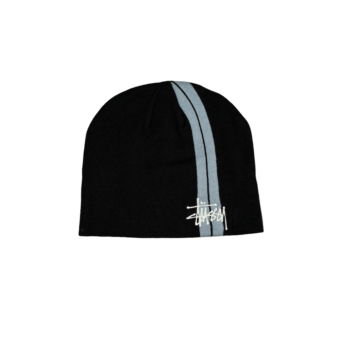 A black knit beanie hat featuring two vertical grey stripes down the center and a white embroidered Stüssy logo on the front, displayed flat against a  white background.