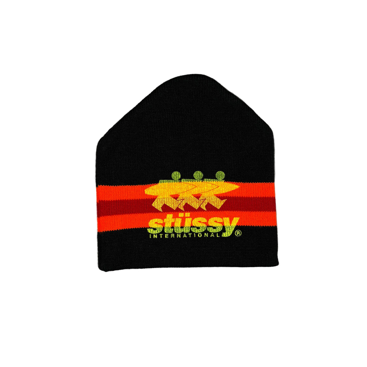 A black knit beanie hat featuring a horizontal stripe design with red and orange bands, a yellow Stussy logo, displayed on a white background.