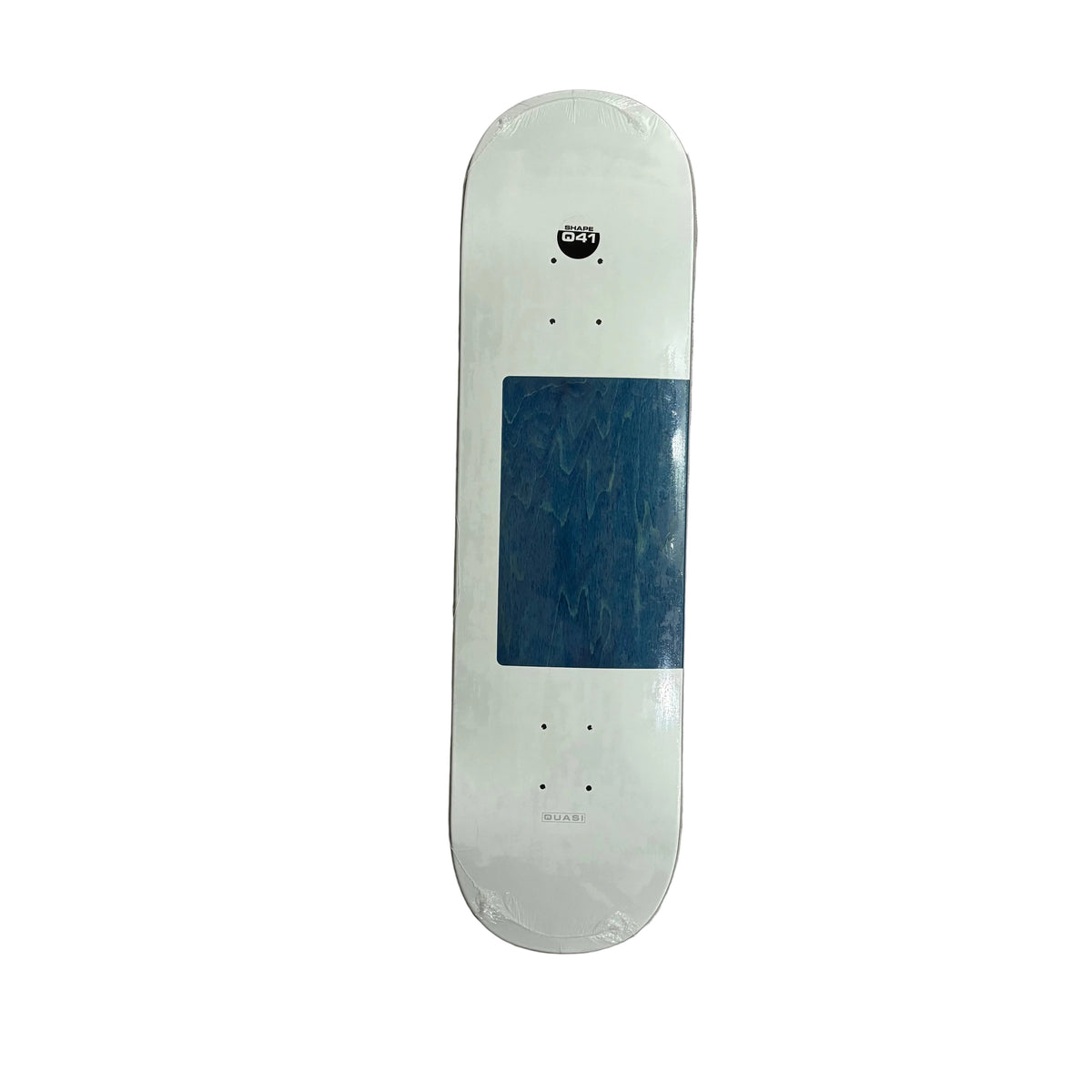 A white skateboard deck with a blue wood-grain graphic in the center, photographed from above on a white surface.