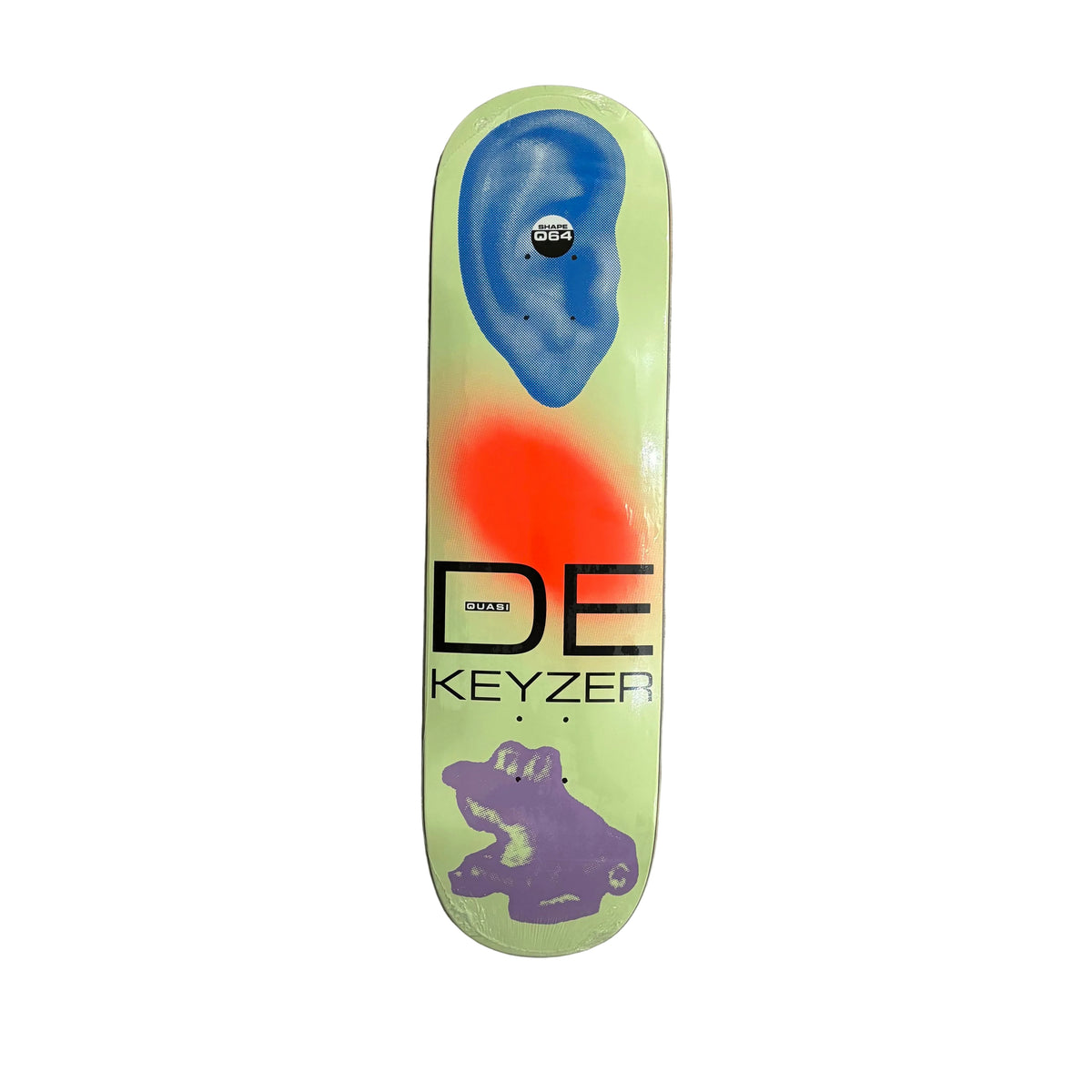 A skateboard deck featuring a lime green background with a blue ear graphic, a red spray-paint style oval, a purple frog graphic, and the text 'DE KEYZER'.
