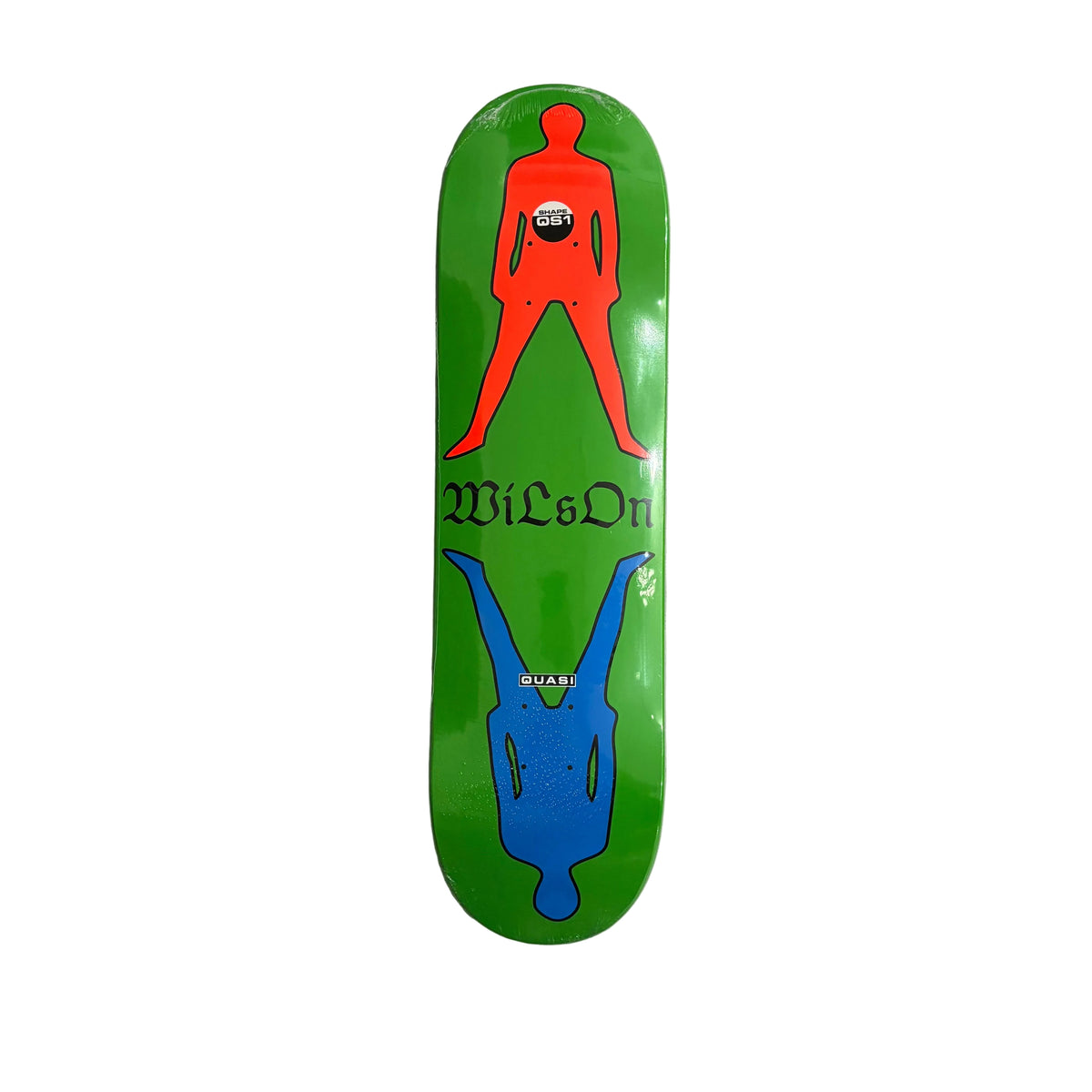 A green skateboard deck featuring a red human silhouette graphic with a skull in the chest, a blue human silhouette upside down, and the text 'WiLsOn' in black. The deck is photographed flat against a white background.