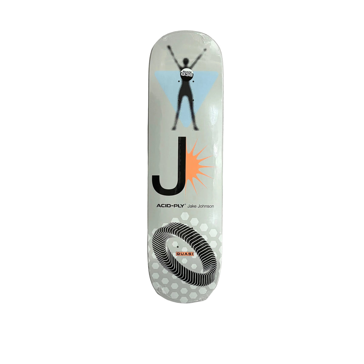 A skateboard deck featuring a white background with a large black letter 'J', an orange sunburst graphic, a black silhouette of a person with raised arms inside a light blue triangle, and a black-and-white striped circular graphic near the bottom. 