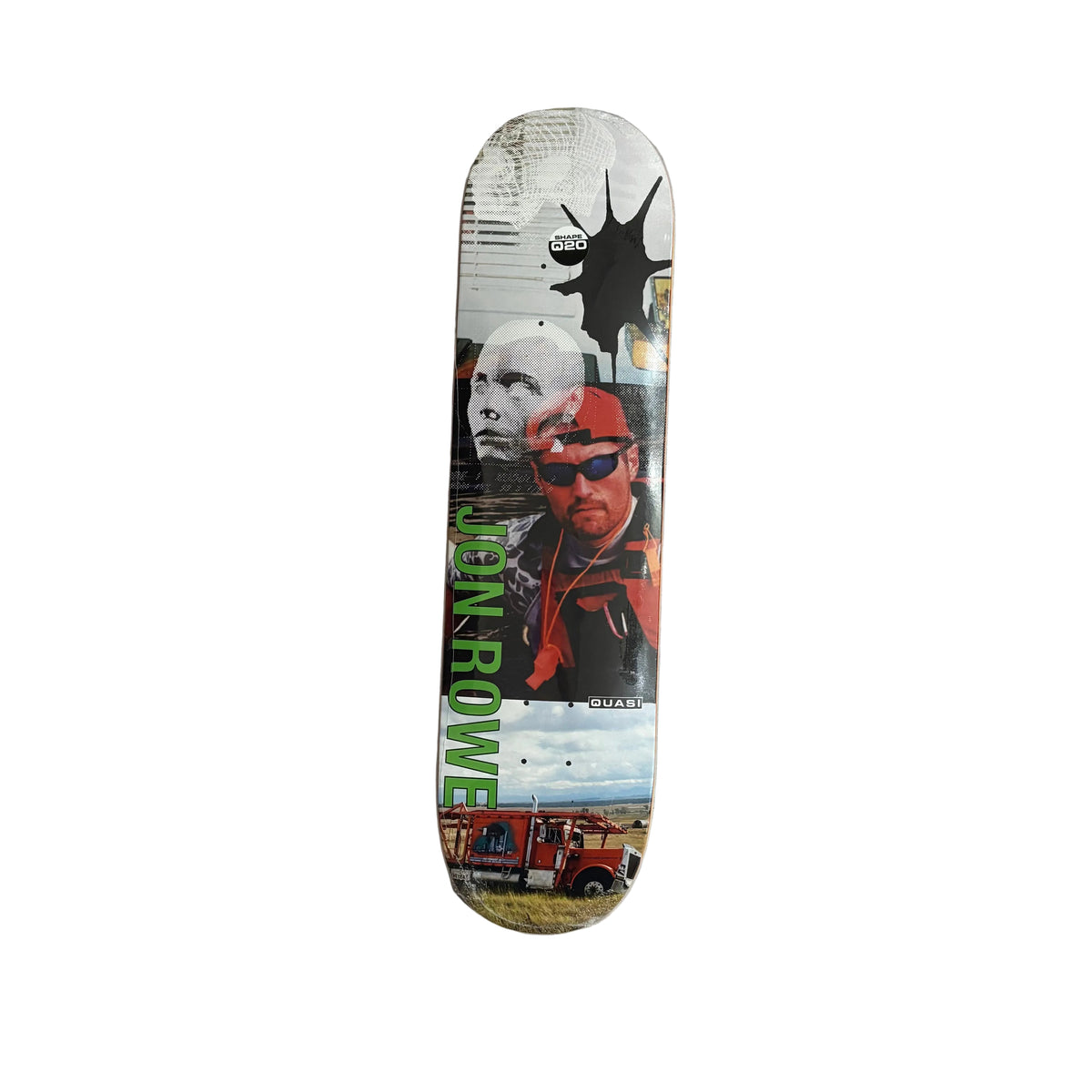 A skateboard deck featuring a collage graphic, including a face, a red truck, and green text reading 'JON ROWE', displayed on a white background.