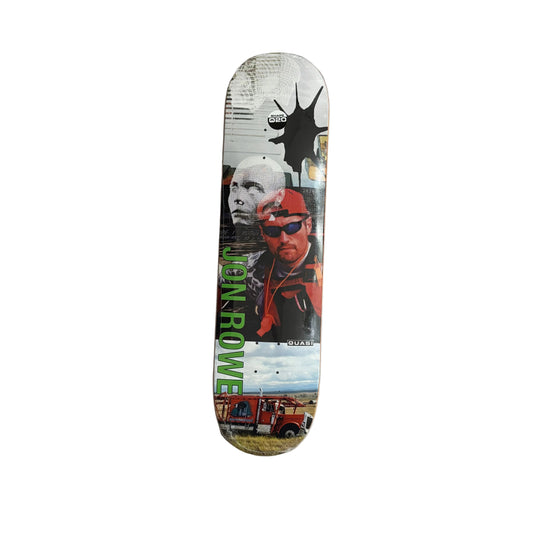 A skateboard deck featuring a collage graphic, including a face, a red truck, and green text reading 'JON ROWE', displayed on a white background.