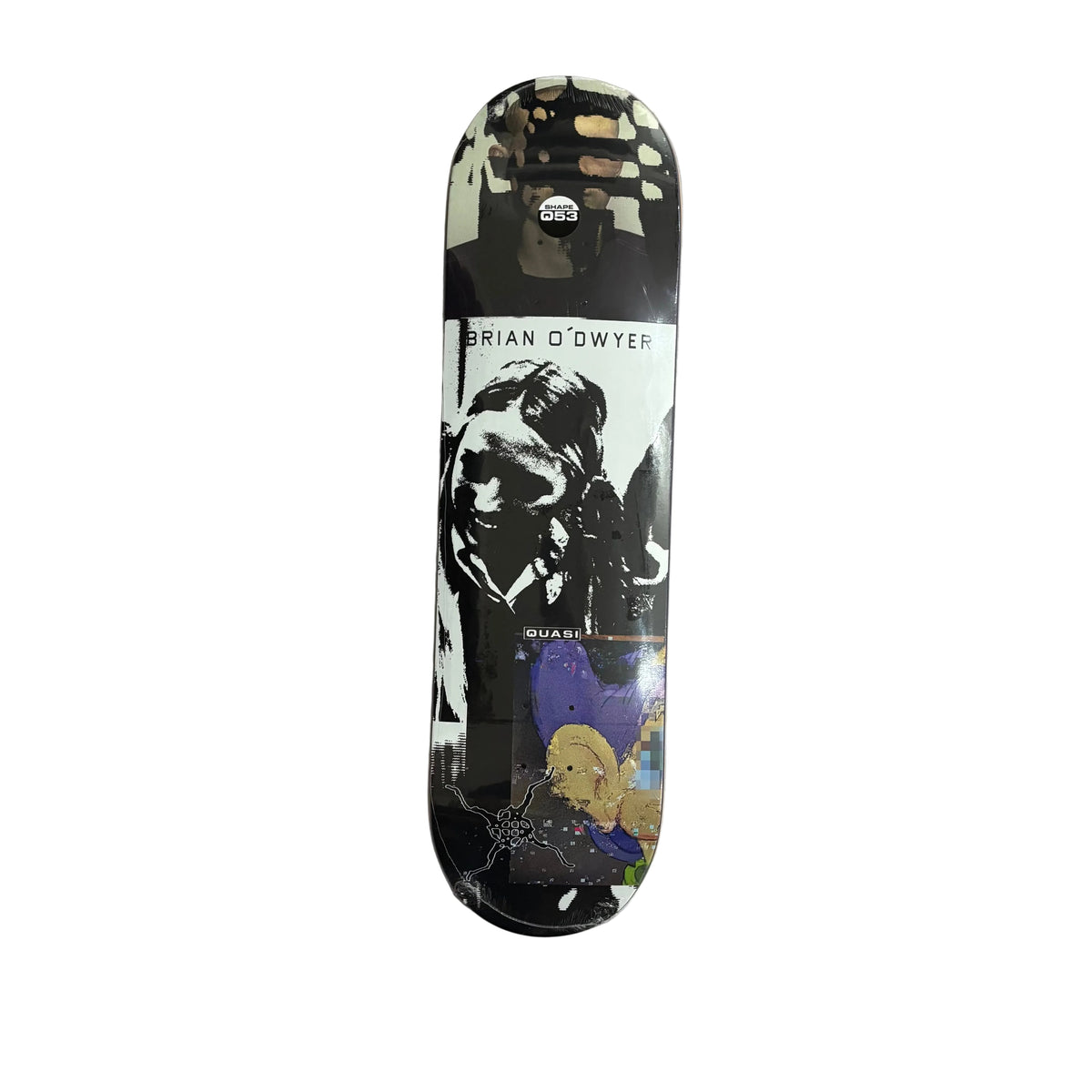 A skateboard deck featuring a black and white graphic portrait, with a purple and yellow illustration at the bottom, displayed vertically on a white surface.