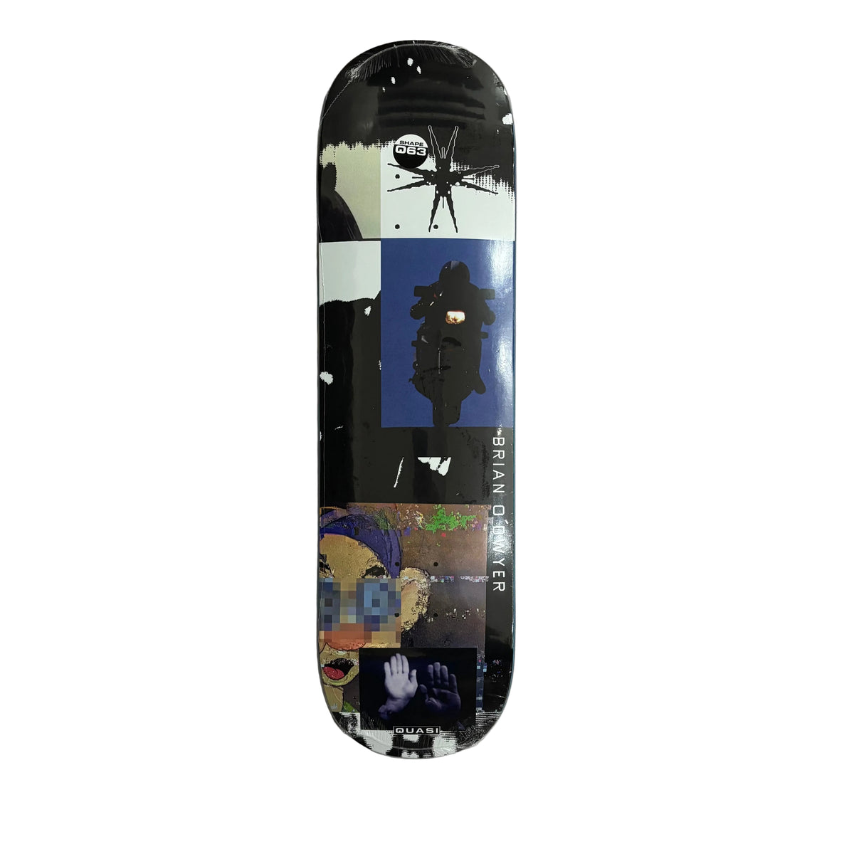 A skateboard deck featuring a collage-style graphic design with black, white, blue, and multicolor abstract art, photographed flat against a white background.