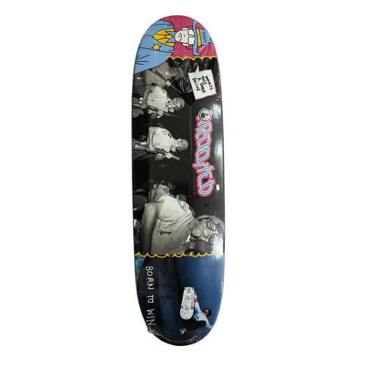 A skateboard deck with a colorful graphic design, featuring a black-and-white photo collage, a pink and blue top section, shown on a white background.
