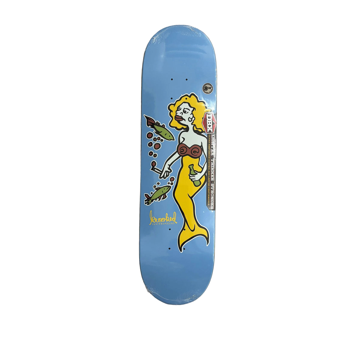 A blue skateboard deck featuring a cartoon mermaid illustration, shown flat on a white surface.