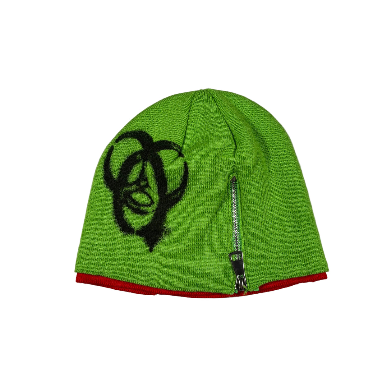 A bright lime green knit beanie with a black graphic print on the front, a red inner lining at the brim, and a silver zipper detail on the side, displayed on a white background.