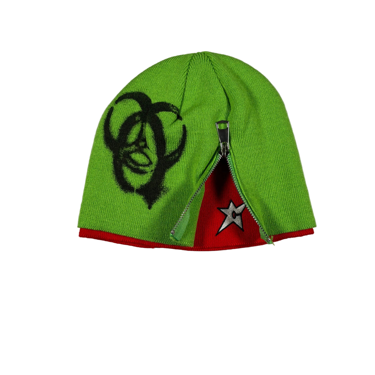 A bright lime green knit beanie with a black graphic print on the side, a red inner lining, and a small silver zipper opening to reveal a red interior with a white logo.
