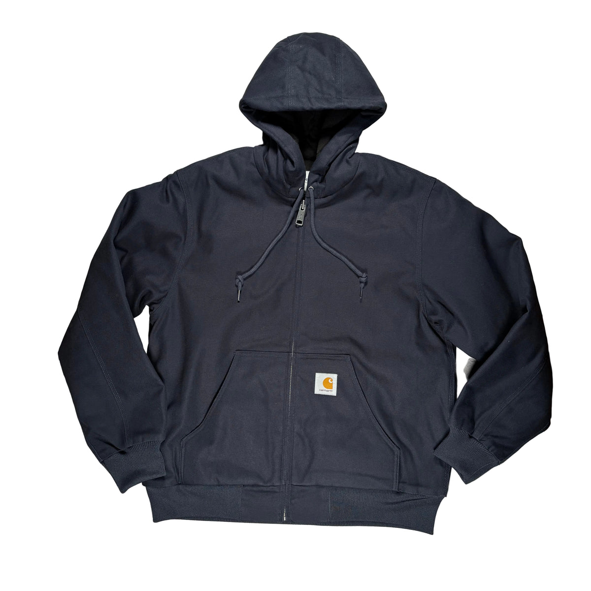A dark navy blue Carhartt zip-up hooded jacket laid flat on a white surface. The jacket features a full-length zipper, drawstring hood, and a small Carhartt logo patch on the front pocket.