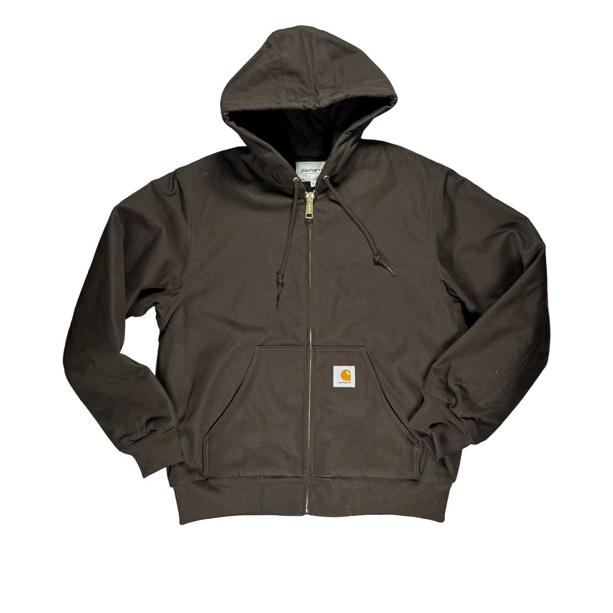 A dark brown Carhartt zip-up hooded jacket laid flat on a white surface. The jacket features a front zipper, drawstrings, and the signature Carhartt logo patch on the lower pocket.