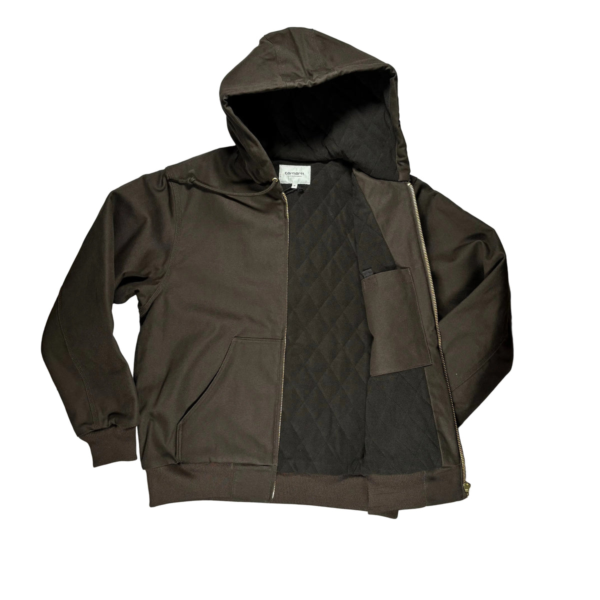 A dark brown hooded jacket with a black quilted interior lining, laid flat on a white surface.