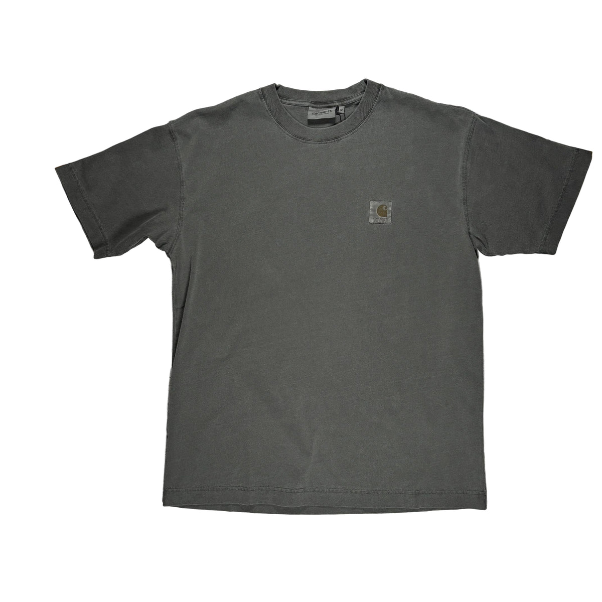 A dark gray short-sleeve crewneck t-shirt with a small Carhartt logo patch on the left chest, laid flat on a white surface.