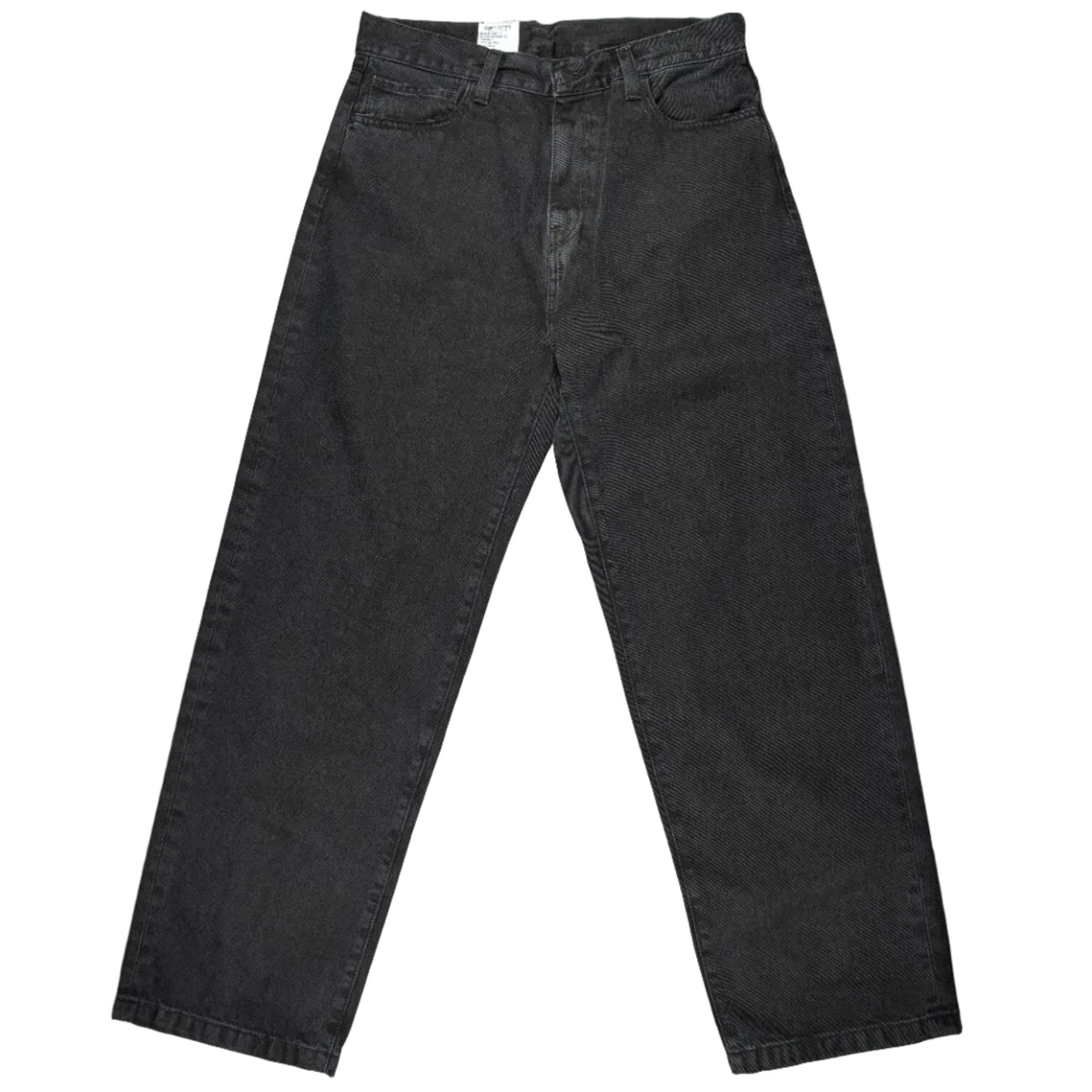 Black denim jeans laid flat on a white surface.