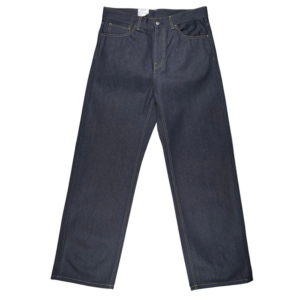 Dark indigo denim jeans laid flat on a white surface.