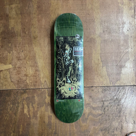troll in the woods graphic on woodgrain skateboard deck