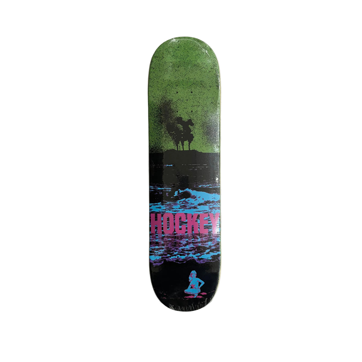 A skateboard deck with a graphic design featuring a green sky, dark silhouettes, blue water, and pink text reading 'HOCKEY', displayed on a white surface.