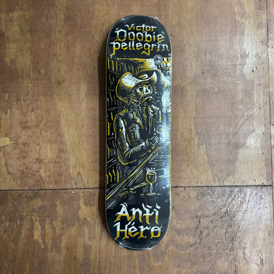 Woodcut style skateboard deck graphic on black and gold