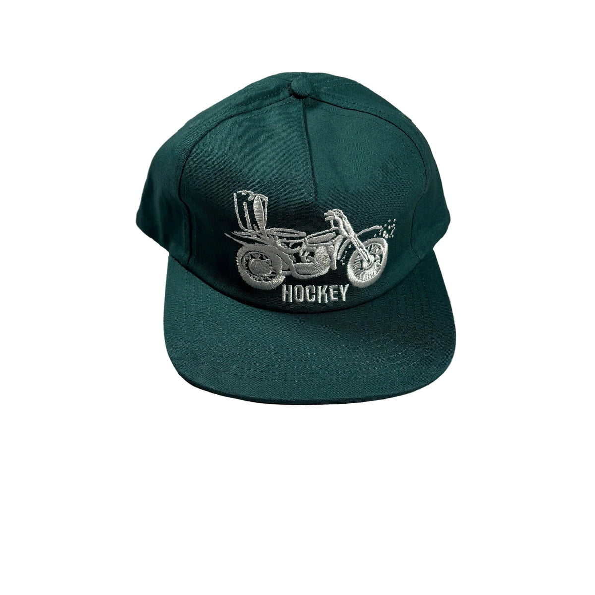 Green hat with an embroidered motorcycle and 'HOCKEY'. Displayed on a white surface.